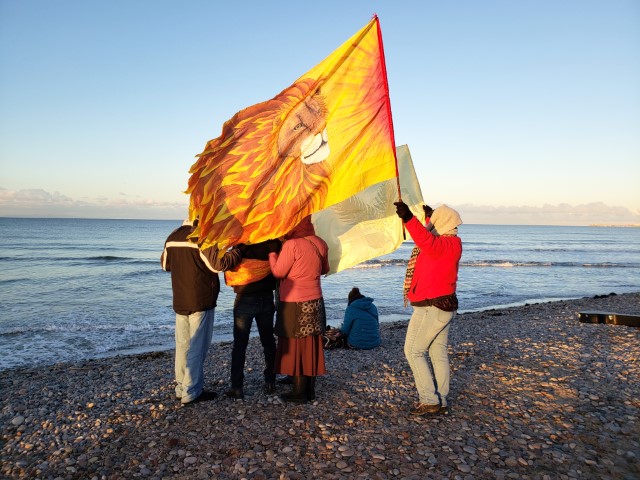 Lion flag on Scottish beach